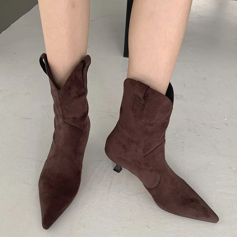 

Fashion Modern Women Ankle Short Boots Flock Pointed Toe Heel Female Shoes Slip On Western Chelsea Booties For Ladies 2022