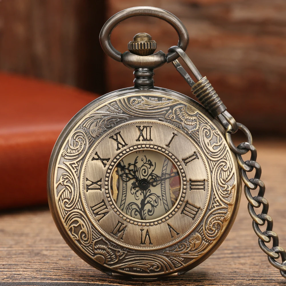 Vintage Flowers Roman Numerals Dial Bronze Mechanical Pocket Watch Punk Retro Hand Winding Pocket Timepiece with Fob Chain