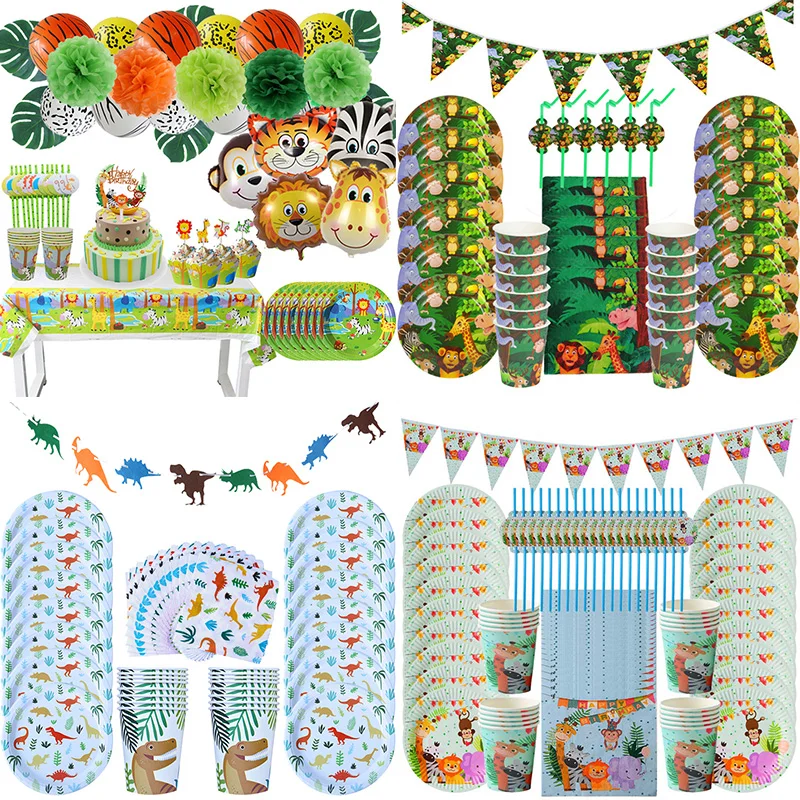 

Jungle Safari Birthday Party Decoration Disposable Tableware Balloons Set Dinosaur Party 1st Birthday Boy Baby Shower Supplies