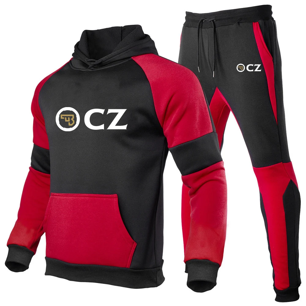 

2023 Spring Autumn Men's CZ Ceska Zbrojovka Czech Firearms Logo Printed Patchwork Hooded Pullover+Drawstring Sports Trousers Set