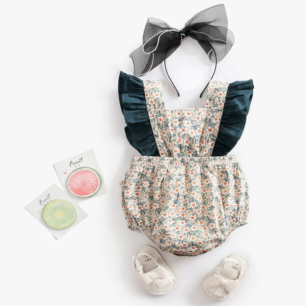

Summer Infant Baby Girls Bodysuits Solid Color Cotton Short Sleeve Lace Stitching Toddler Baby Romper 0-3 Years