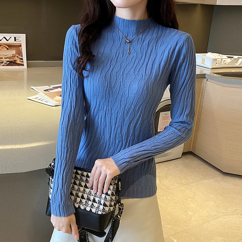 

Женский свитер, Модный пуловер, зимний эластичный вязаный женский джемпер с воротником-стойкой, повседневные однотонные черные женские баз...