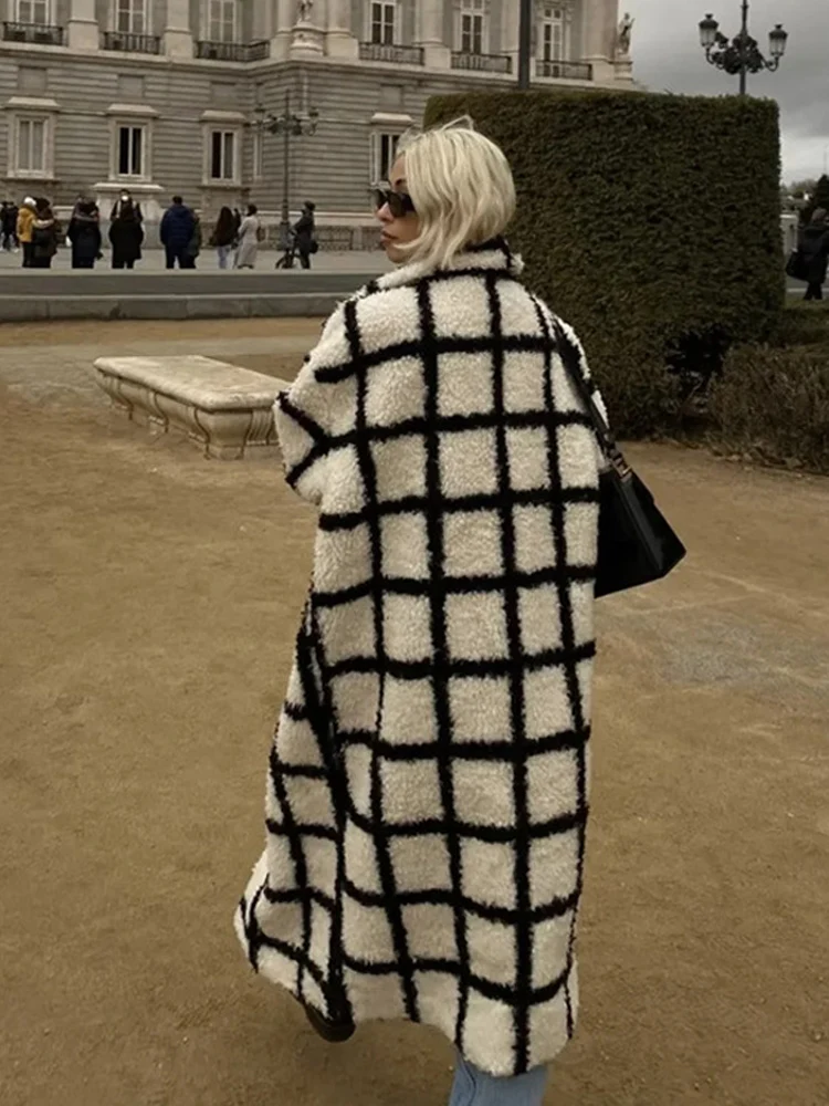 Lambswool Plaid Warm Women's Winter Jacket Coats Long Faux Fur 2022 Autumn Elegant Covered Button Trench Coat for Office Lady