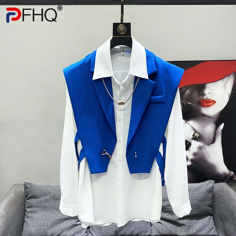 PFHQ 2023 New Niche Design Suit Collar Waistcoat Men's Fashion Folding Wear High Quality Original Sleeveless Vest Elegant Jacket
