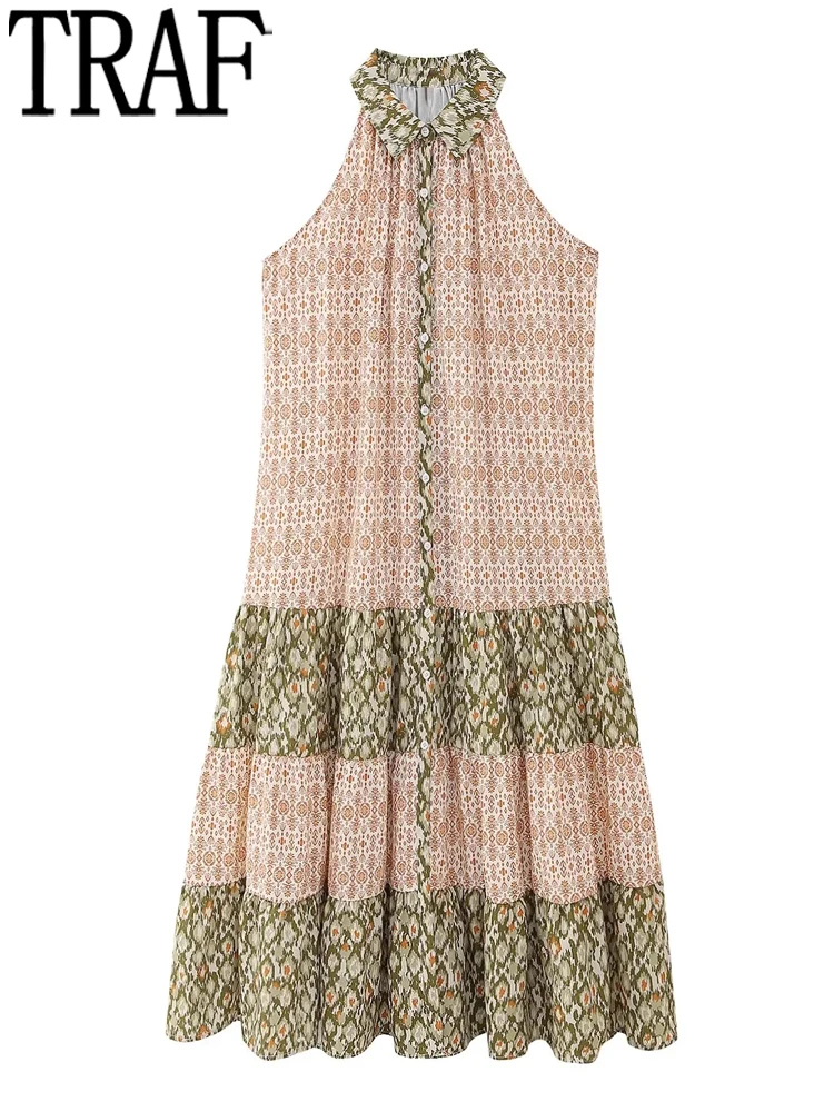 

Платье женское длинное с рюшами и принтом, без рукавов