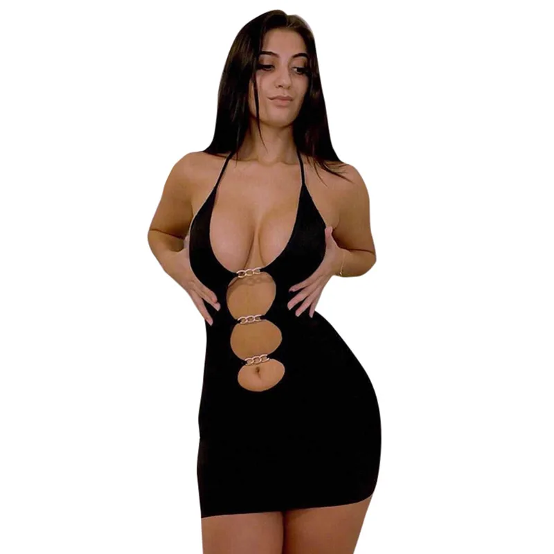 

Halter Sexy Backless Mini Dress Party Club Outfit Solid Cut Out Metal Ring Ties Bodycon Dresses 2022Summer Chic Harajuku Clothes