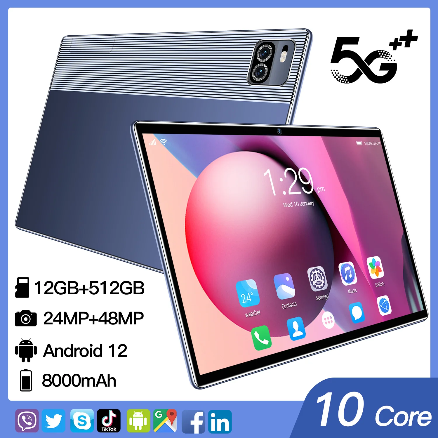 

10.1-inch 2022 new 5G tablet 12GB+512BG Android 12 full screen office phone 2-in-1 mobile phone 8-core dual cardGPS+wifi+8000mAh