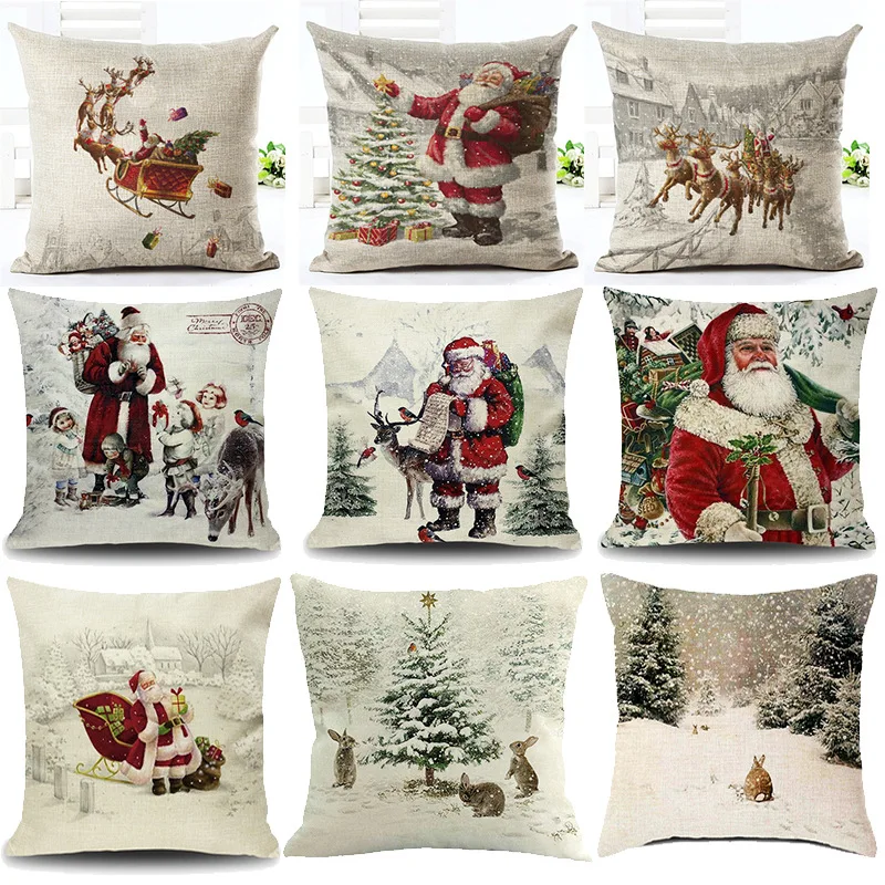 

Red Pillow Case Linen Santa Claus Cover Christmas Tree Home Decoration Sofa Cushion