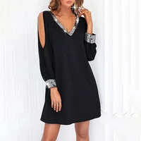 elegant sequined v neck women solid color party dress sexy hollow out long sleeve loose mini dress female casual dress plus size