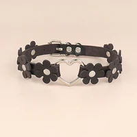 cute leather flower collar necklace metal heart link leather band collar for girl women accessory