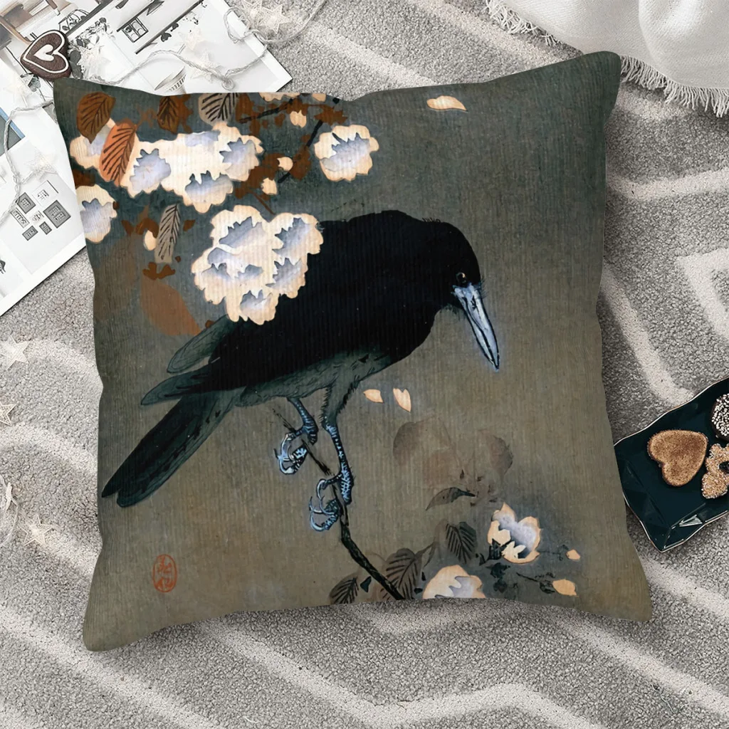 

Vintage Japanese Crow and Blossom Woodblock Print Landscape Polyester Cushion Cover For Livingroom Garden Decorative Cojines