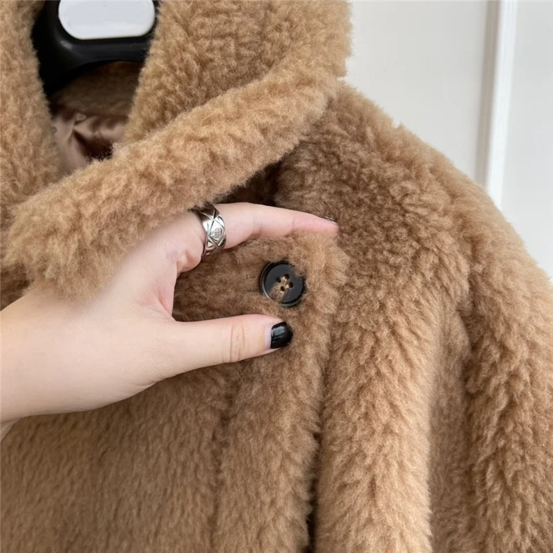 Real Fur Short Cloak Coat Lady 100% Wool Content Woven Fabric Thick Warm Teddy Overcoat Loose Cozy Outerwear Streetwear Oversize