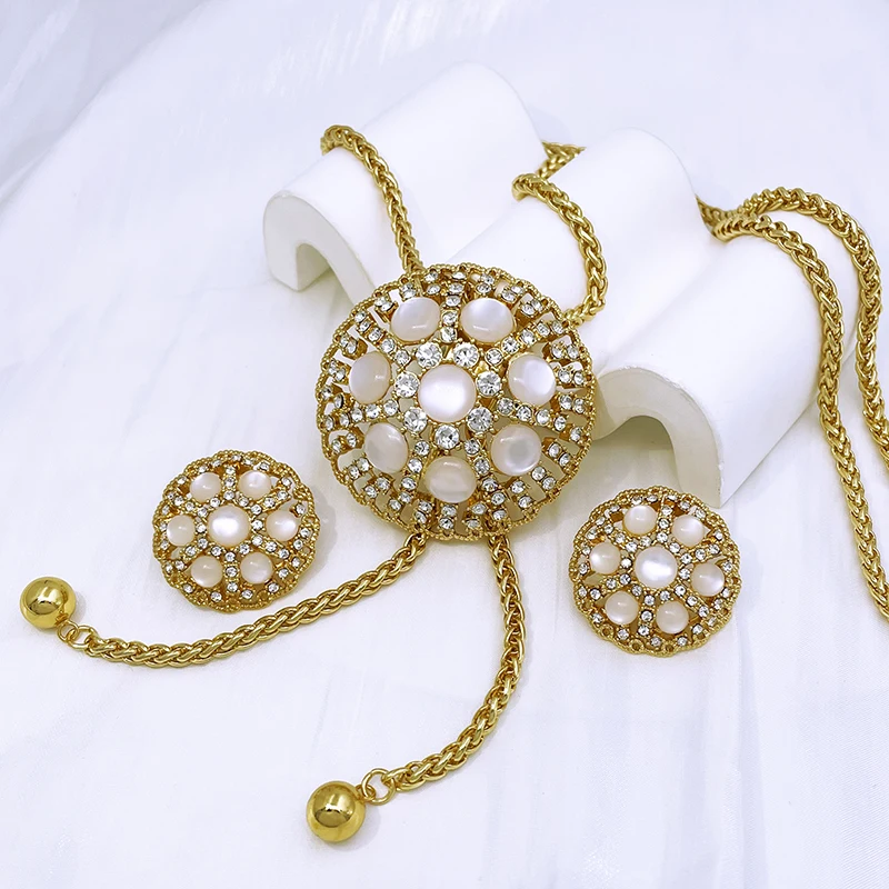 

Sweater Long Chain Necklace Earring Set For Women Elegant White Opal Jewelry Set Adjustable Length Wedding Party Accessories