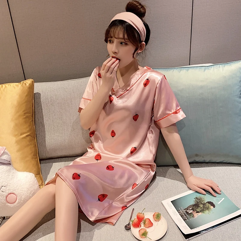 2022 Hot Summer Plus Size Silk Satin Print Nightgowns for Women Short Sleeve V-neck Sleepwear Nightdress Night Dress Home Nighty