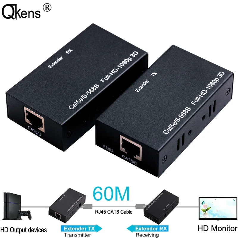 

60M HDMI-compatible Extender Via Cat5e Cat6 RJ45 Ethernet Cable Transmitter Receiver 1080p Audio Video Converter Computer To TV