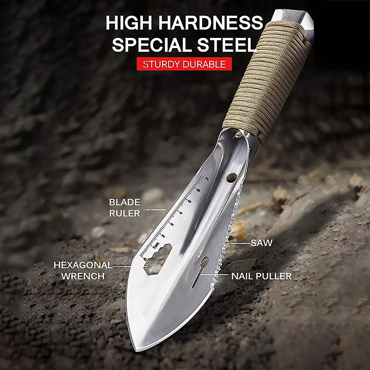 

Stainless Steel Garden Shovel Spade Multi Tool Weeder With Sawtooth Hex Wrench Outdoor Camping Small Hand Shovel Digging Trowel