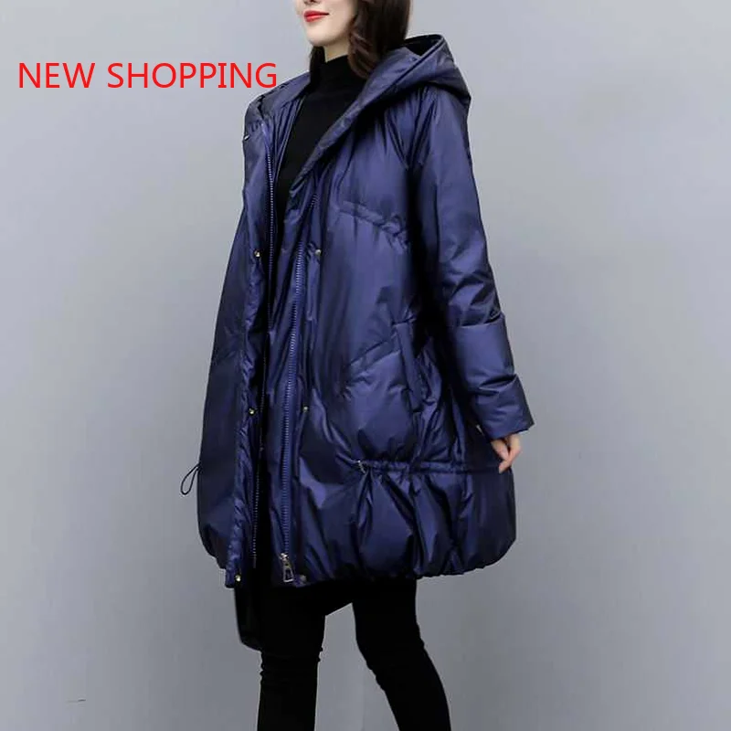 Women Thicken Cotton Jacket Winter 2023 Fashion Loose Warm Glossy Mid-Length Coat Hooded Solid Parka Oversized Parkas Down Coats