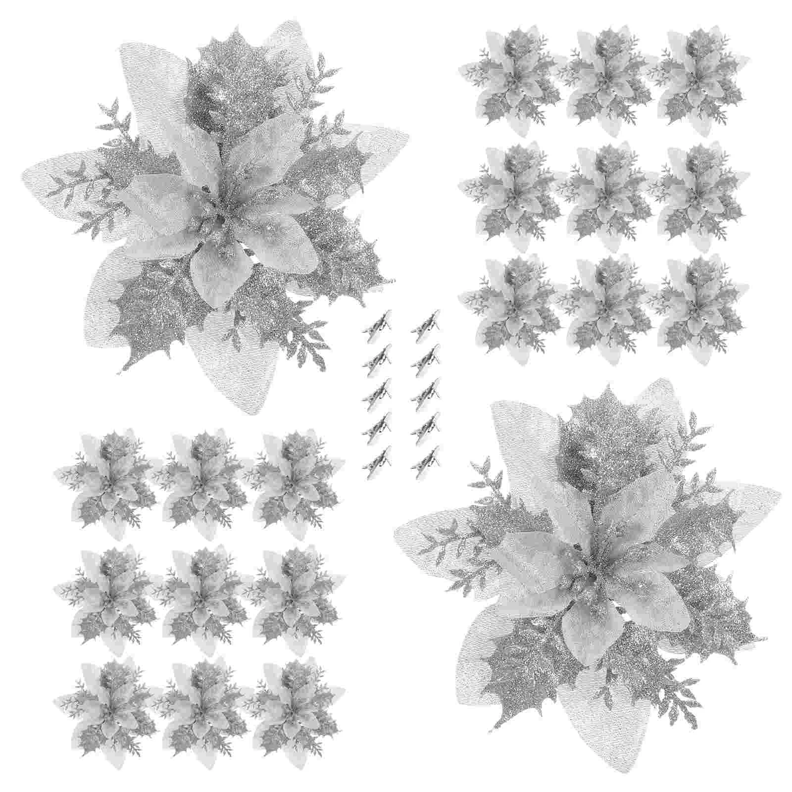 

16 Pcs Artificial Flower Poinsettia Flowers Christmas Decorations Garland Iron Glitter Tree