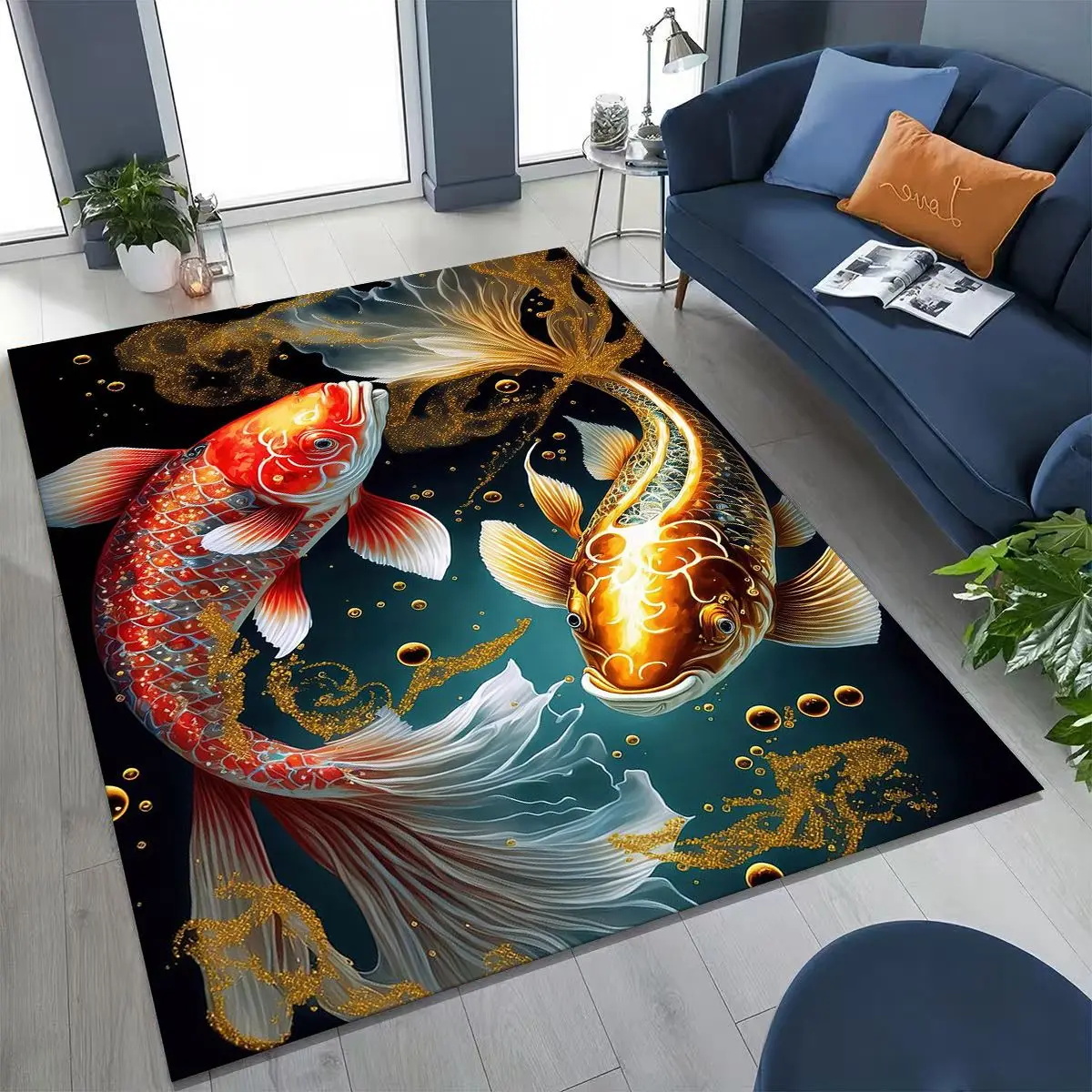 Роскошный мультяшный коврик Lucky Koi Fish Yin Yang для спальни, гостиной, дивана, домашнего декора, коврика для больших детей, нескользящий напольный коврик