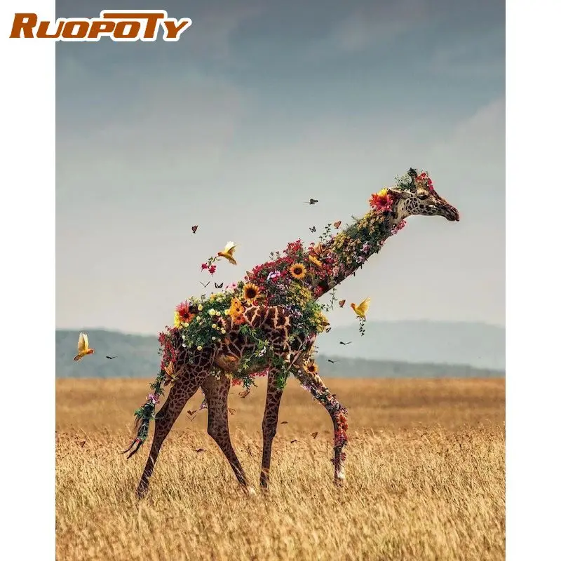 

RUOPOTY Picture By Number Elephant and Lion Giraffe Kits For Adults Handpainted DIY Paint By Number Animals On Canvas Home Decor