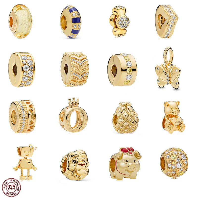 

New 925 Sterling Silver Gold Safety Chain Glitter Butterfly Pendant fit Original Pandora Bracelet DIY Women's Jewelry