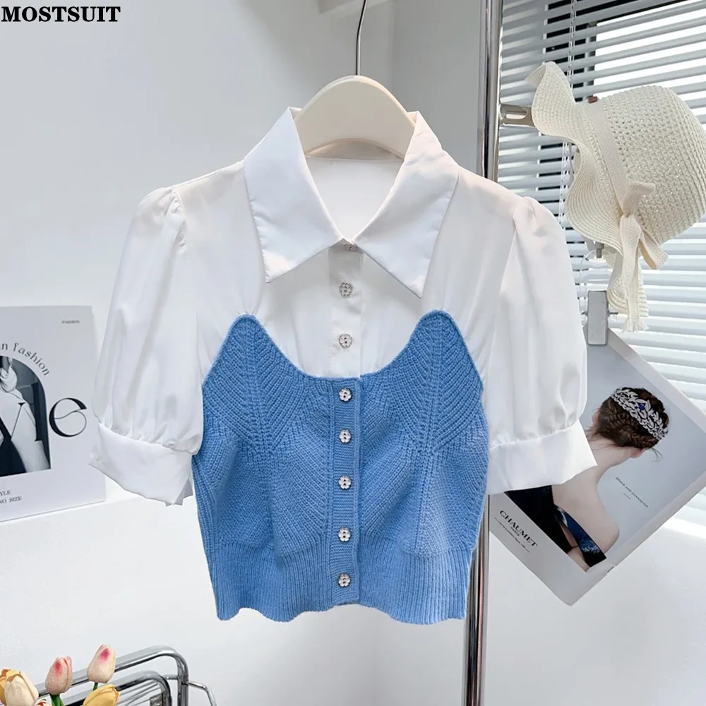

Fake Two Pieces Slim Knitted Sweater Shirt Women 2023 Summer Puff Sleeve Turn-down Collar Tops Knitwear Stylish Fashion Jumpers