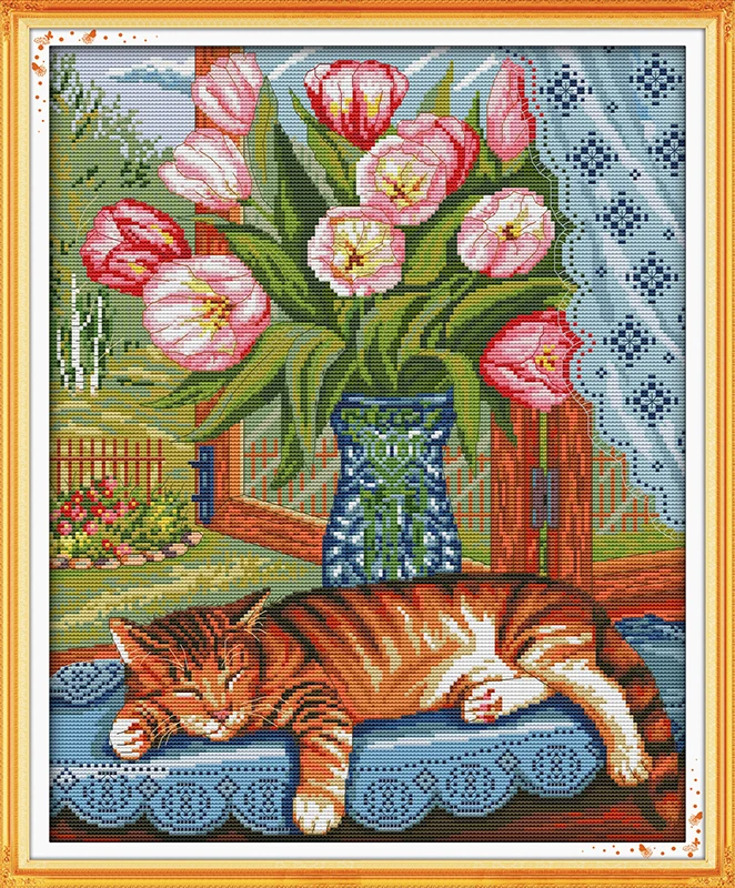 

Joy Sunday Pre-printed Cross Stitch Kit Easy Pattern Aida Stamped Fabric Embroidery Set-Cat on The Windowsill