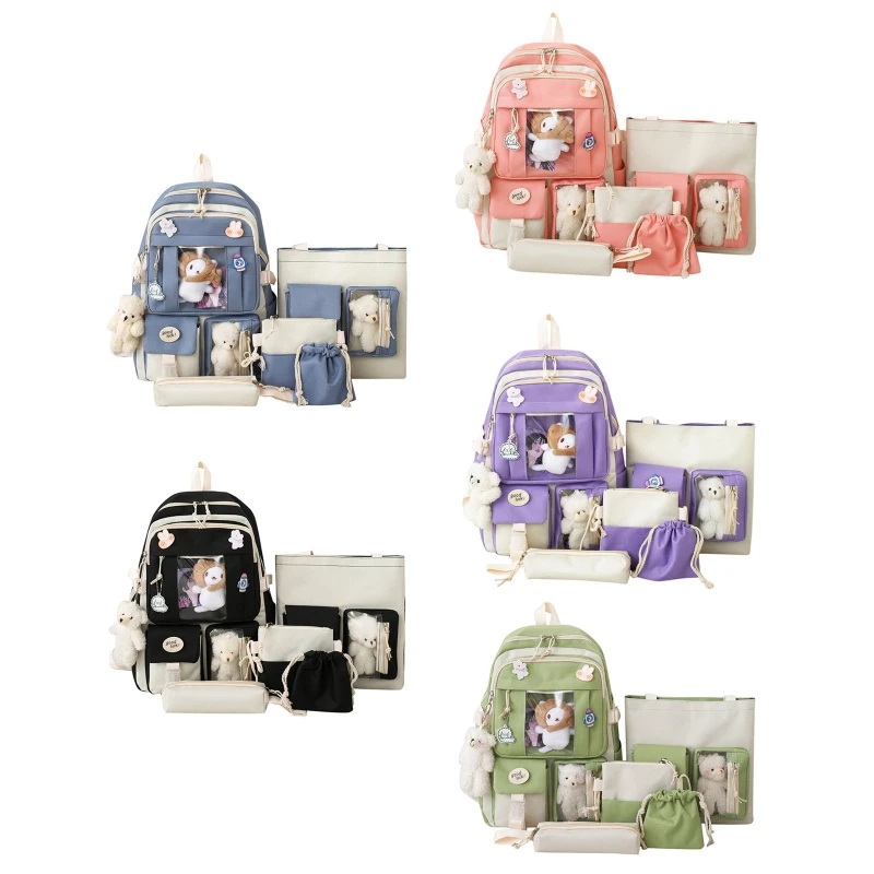 

5Pcs Cute Backpack Set Large Capacity Rucksack for Teen Girls School Bookbag