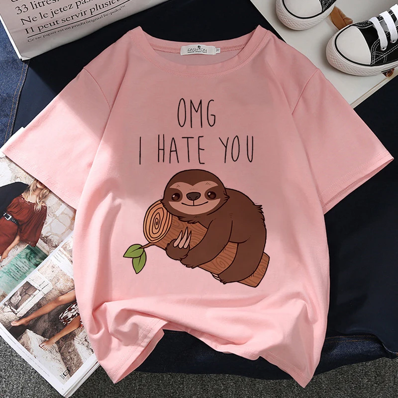

Футболка женская розовая с принтом «Omg I Hate You Sloth Kawaii»