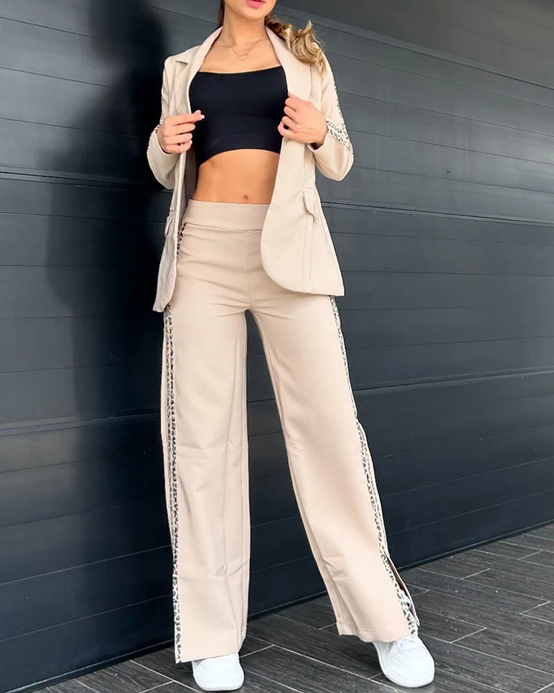 Женский леопардовый костюм из 2 предметов блейзер с английским воротником и