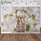 Фон для фотосъемки с изображением Пасхальных Кроликов, шаров на день рождения, первый день рождения ребенка, желтый цветок, лоза, реквизит для фотостудии