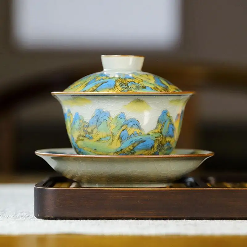 Jingdezhen Old Clay Tureen Pastel Thousand-Li Landscape Gaiwan Ceramic Blue and White Tea Bowl Gracked Glaze Supportable