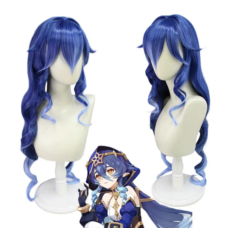 

Game Genshin Impact Animation Layla GenshinCosplay Synthetic Wig Cos Long Roll Mixed Blue Gradient Double Ponytail Wig+Wig Cap