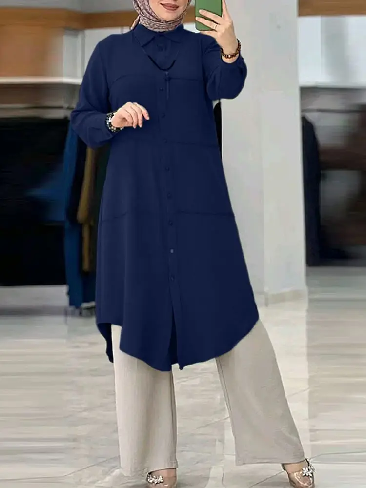 Модная мусульманская рубашка ZANZEA женские топы с отложным воротником и длинным