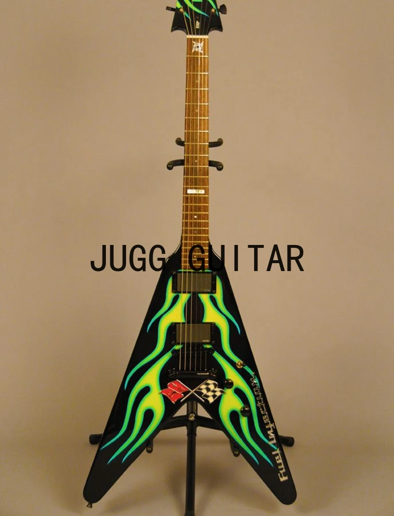 

Custom James Hetfield JH-1 Hot Rod Flying V Green Flames Electric Guitar Corvette Flag, M Ninja Star Inlay, Black Hardware