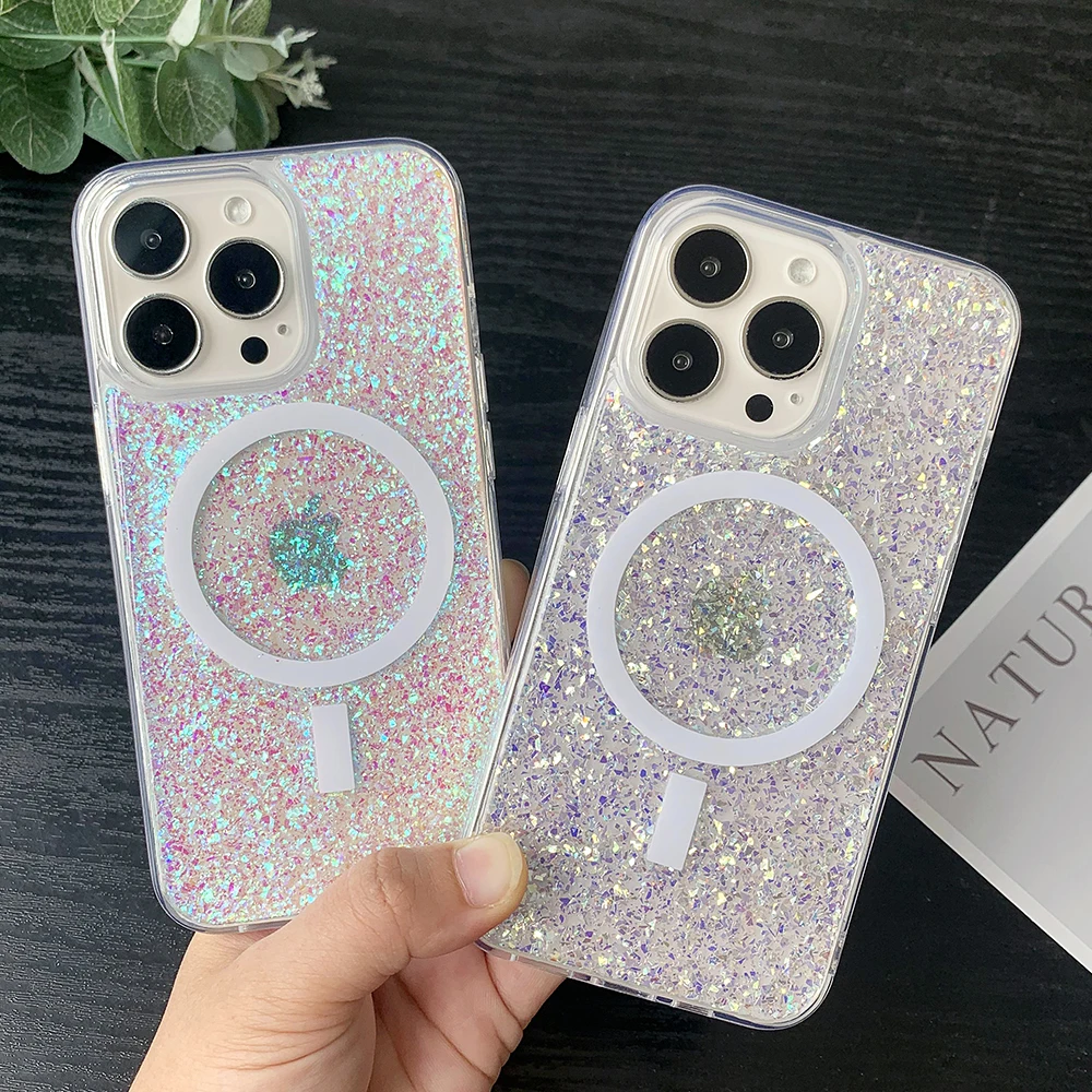 3D Glitter Women Case For iPhone 14 Plus 13 12 Pro Max Bling Rhinestone Magnetic Cover For Magsafe Charger Accessories