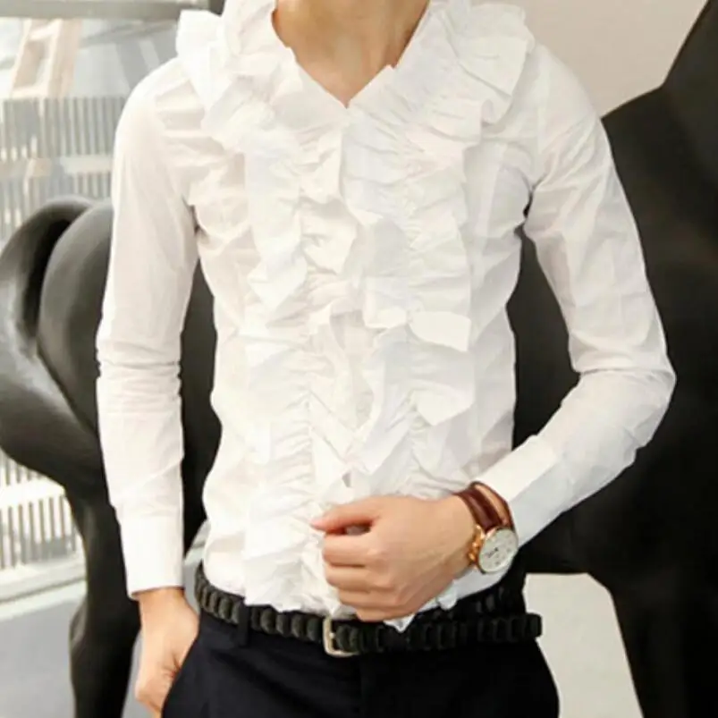 Summer Men’s New Fashion Personalized Customization Large Size Pretty And Elegant Hair Stylist Ruffled Cotton Shirt /S-5XL