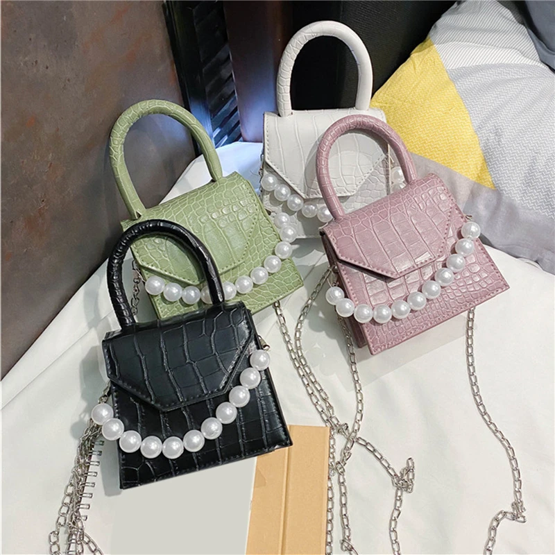 

2023 Fashion New Mini Small Square Bag PU Leather Women's Handbag Pearl Chain Shoulder Messenger Bags