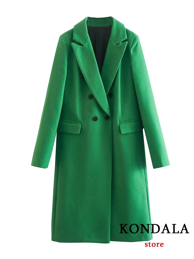 

KONDALA Vintage Elegant Women Coat Long Sleeve Double Breast Long Blends Fashion 2022 Solid Green Office Lady Slim Mujer Outwear