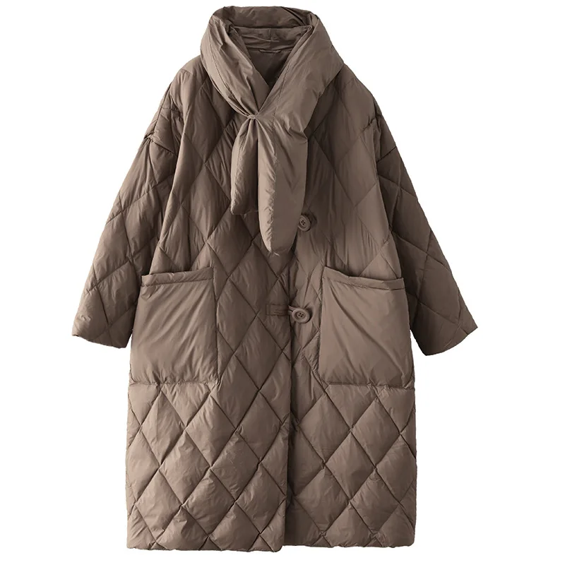 2022 New Korean Fashion Light Knee Length Down Coat with Scarf   coat women  winter jacket women  Long  Casual