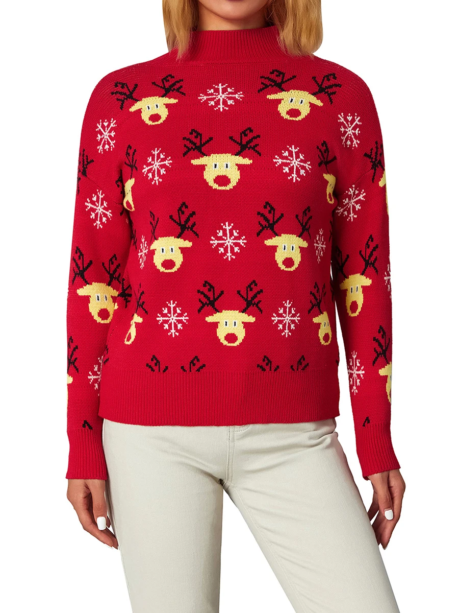 

Female Sweater, Elk Snowflake Print Mock Neck Long Sleeve Knitwear Pullover for Autumn Winter, S/M/L/XL