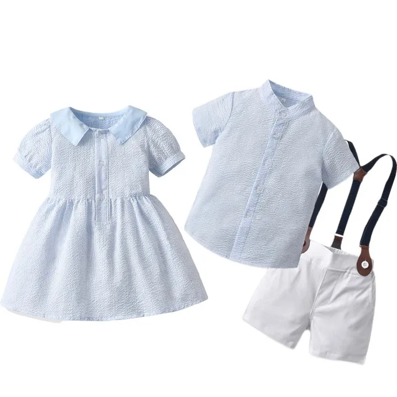 

Brother and Sister Matching Summer Baby Boys Short Sleeve Shorts Gentleman Suit Baby Girls Princess Puff Short Sleeves Dress