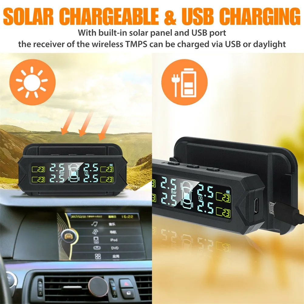 

1 X Wireless Solar Car Tire Pressure Monitor System External Sensor 6 Alarm Modes LCD Color Screen Car Accessories