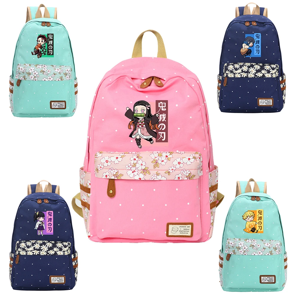 

Anime Demon Slayer Canvas Laptop Backpack Cute Floral Patchwork Rucksack Bookbags Student Daypack for Teen Girls