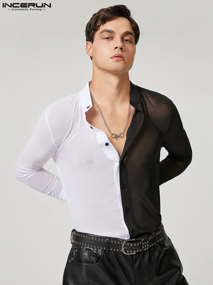 INCERUN Tops 2022 Handsome Well Fitting Men Black&White Mesh Stitching Blouse Casual Male Long-sleeved Stretch Thin Shirts S-5XL