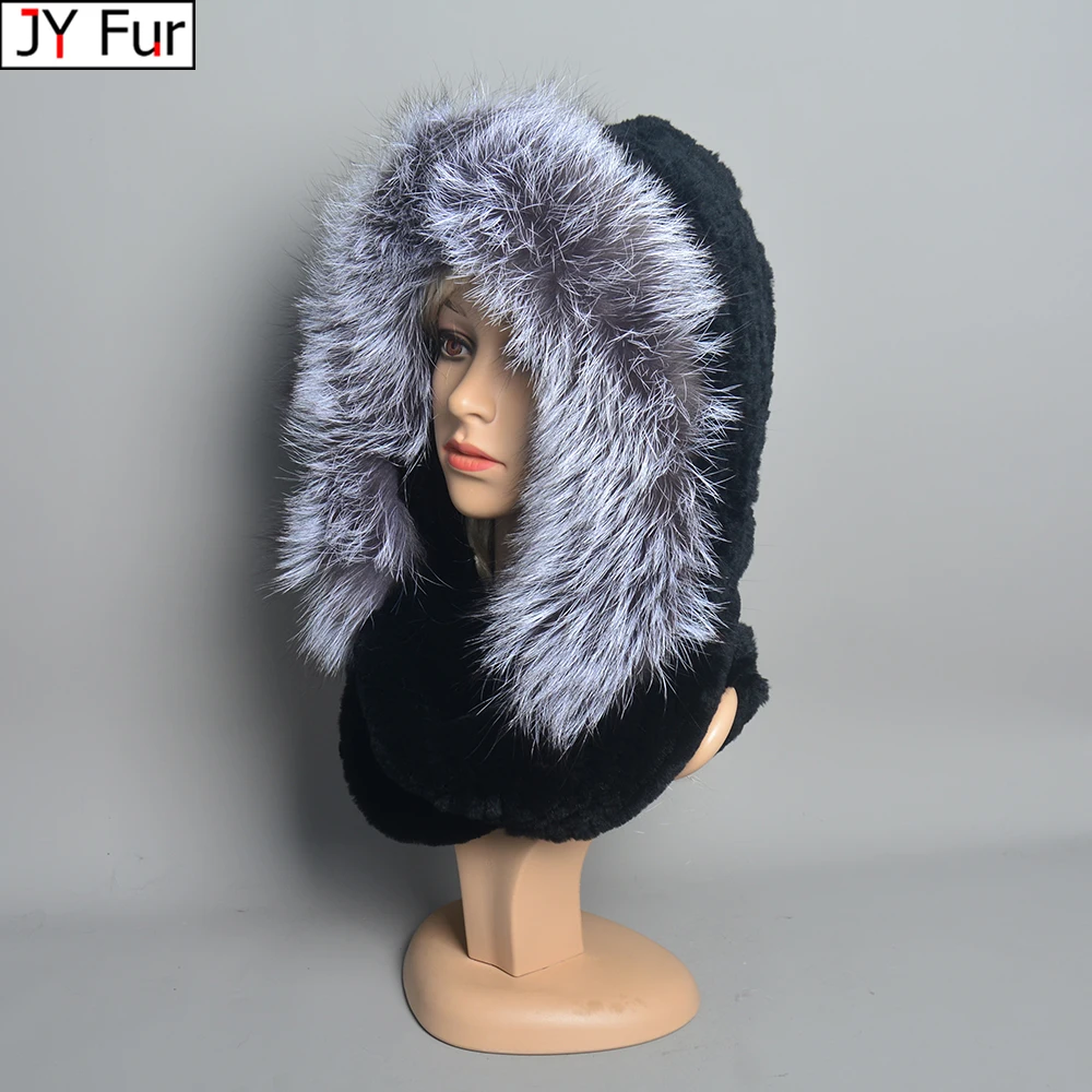 Luxury Women New Knit Real Rex Rabbit Fur Hat Hooded Scarf Winter Warm Lady Real Fox Fur Cap Natural Fur Hat With Neck Scarves