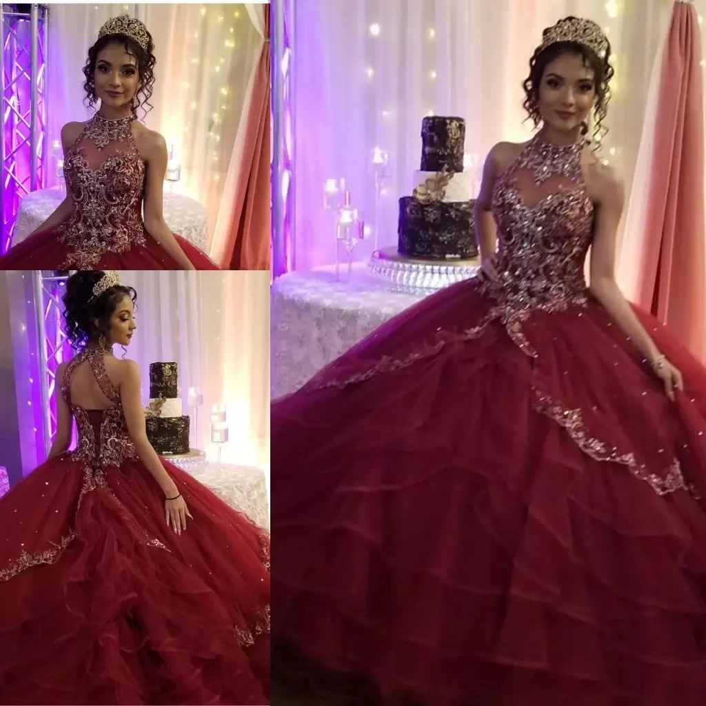 

Современное серебристое вышитое бордовое Тюлевое платье Quinceanera для выпускного вечера с высоким воротником с вырезом на спине с кристаллами...