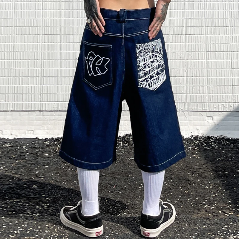 

Lenght Shorts Oversized Retro Jeans Men Hop Embroidery Hip Leg Pockets Pants Wide for Letter Print Knee Denim Summer