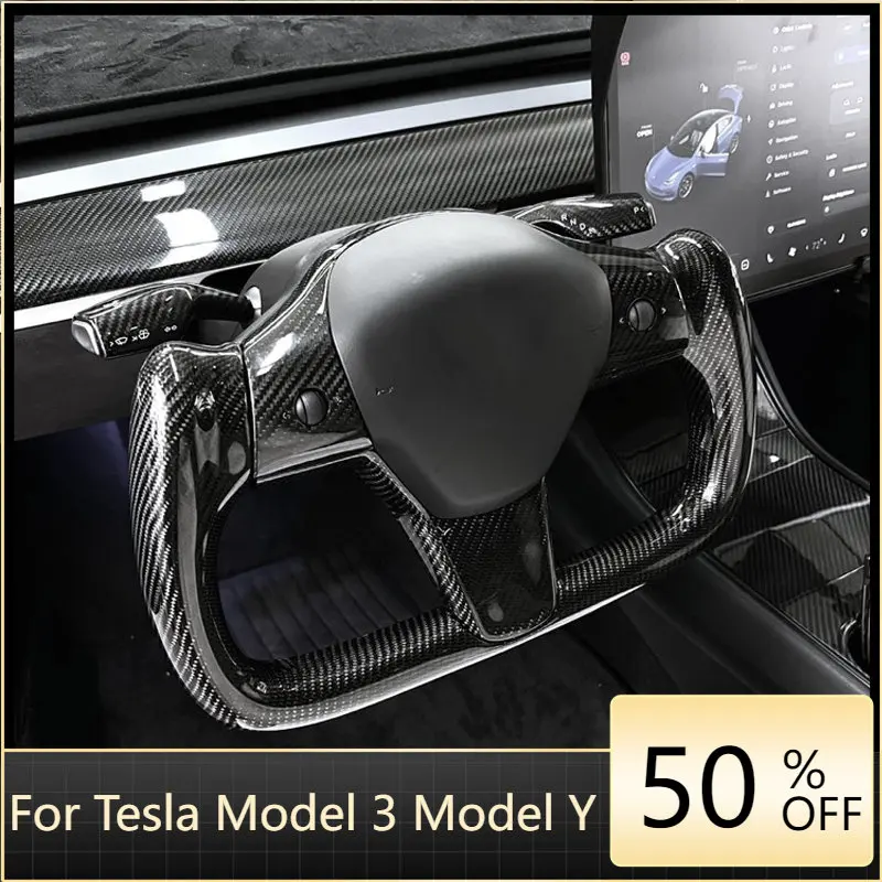 

350mm Full Black White Leather real carbon fibre Yoke Steering Wheel for Tesla Model 3 Model Y 2014-2023 Customized