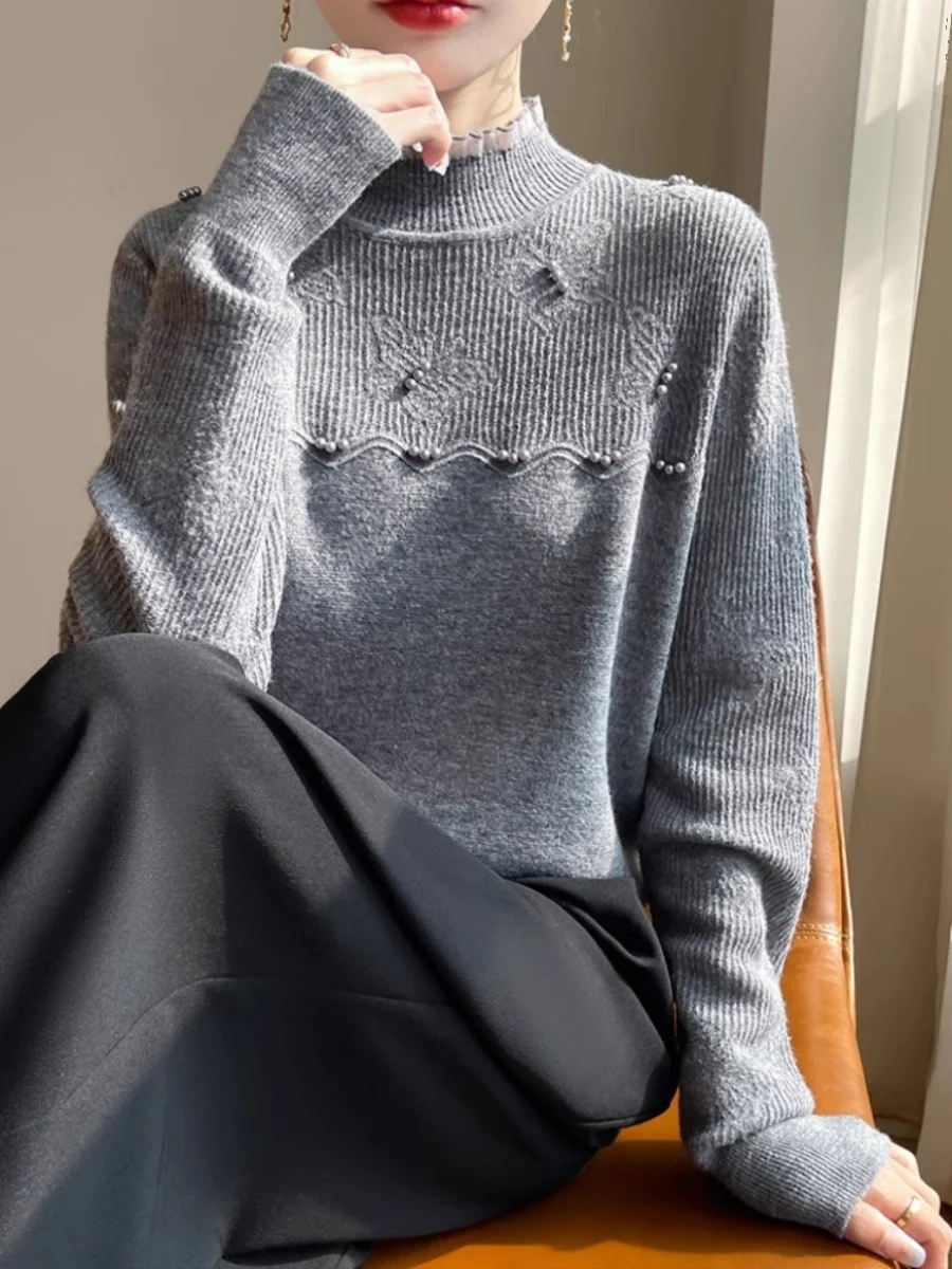 Gray Wear Organza Patchwork Wooden Ear Collar Knit Sweater Women Winter Three-Dimensional Crochet Bottoming Shirt Inner wear |